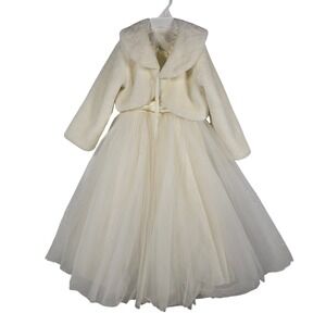 Kids Cream Ivory Flower Girl Dress with Faux Fur Bolero Jacket Pearl‎ Detail S